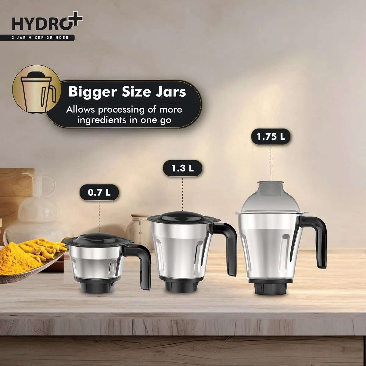 Havells Hydro Plus 1000 Watt Mixer Grinder | 3 Stainless Steel Jars | 22000 RPM Ball Bearing Motor | Hands-Free Operation - Image 4