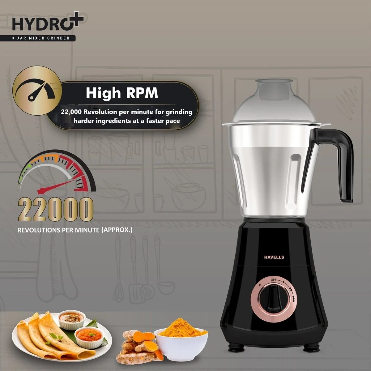 Havells Hydro Plus 1000 Watt Mixer Grinder | 3 Stainless Steel Jars | 22000 RPM Ball Bearing Motor | Hands-Free Operation - Image 6