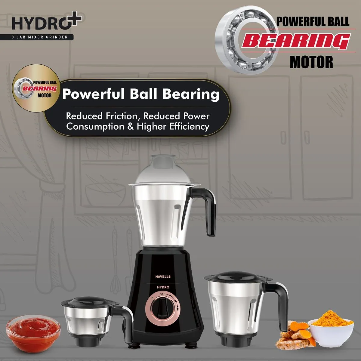 Havells Hydro Plus 1000 Watt Mixer Grinder | 3 Stainless Steel Jars | 22000 RPM Ball Bearing Motor | Hands-Free Operation - Image 7