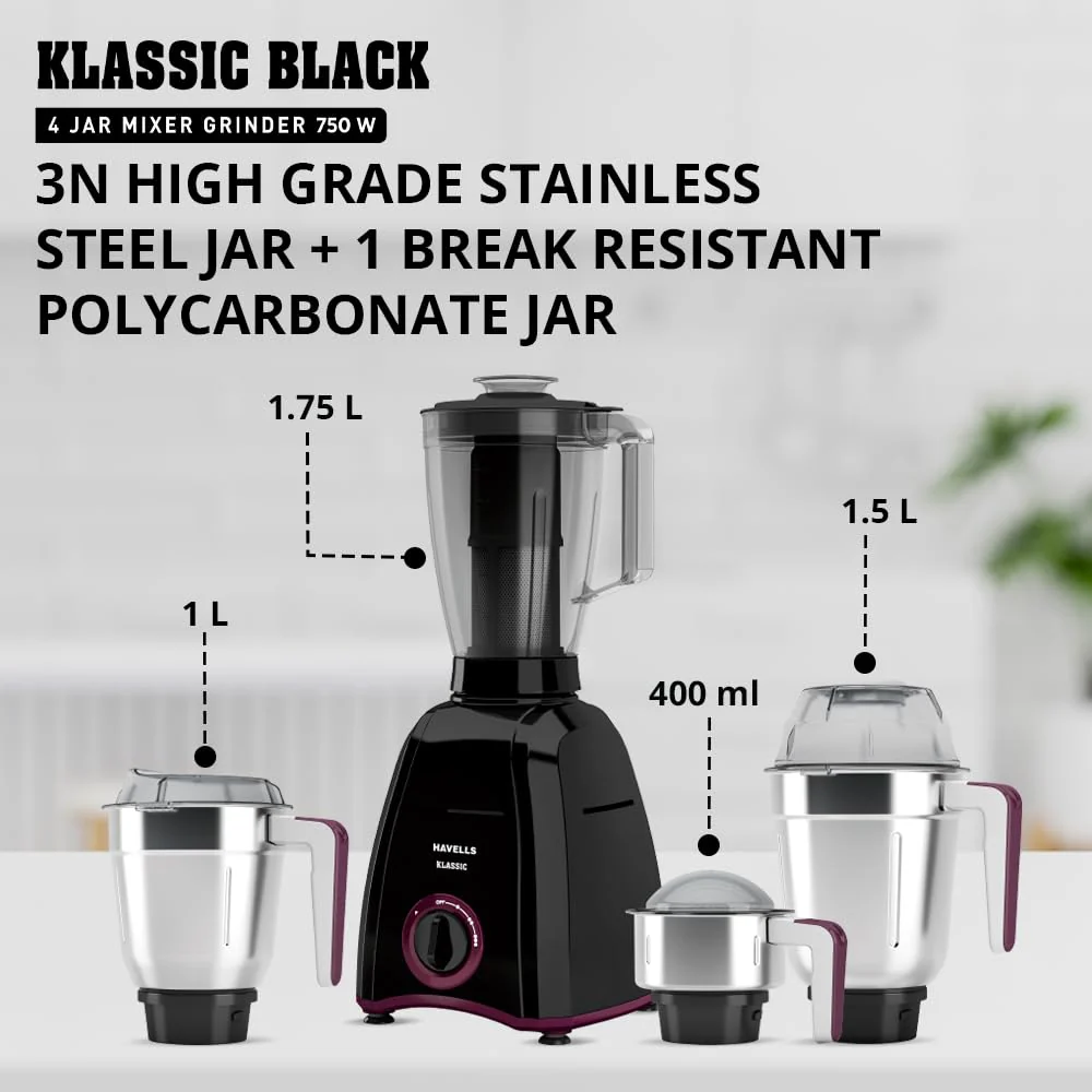 Havells Klassic 750W Mixer Grinder with 4 Jars | 21000 RPM Heavy Duty Motor | Stainless Steel Blades - Image 2