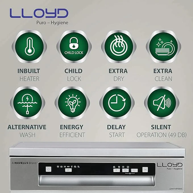 Havells-Lloyd Puro Hygiene (GLDWF14PSB1IC, 14 Place Settings, 99% Germs Free with Sparkle Clean Technology, Auto Clean,Infinity Drawer, Super Silent, Silver) - Image 4