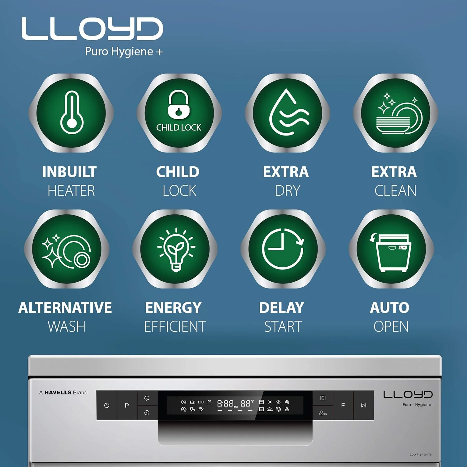 Havells-Lloyd Puro Hygiene+ with Auto Open Dry (GLDWF15PSA1TS, 15 Place Settings, 99% Germs Free with Sparkle Clean Technology, Infinity Drawer, Super Silent, Silver) - Image 3