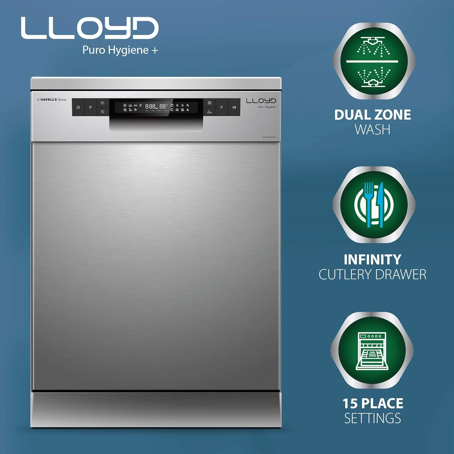 Havells-Lloyd Puro Hygiene+ with Auto Open Dry (GLDWF15PSA1TS, 15 Place Settings, 99% Germs Free with Sparkle Clean Technology, Infinity Drawer, Super Silent, Silver) - Image 4
