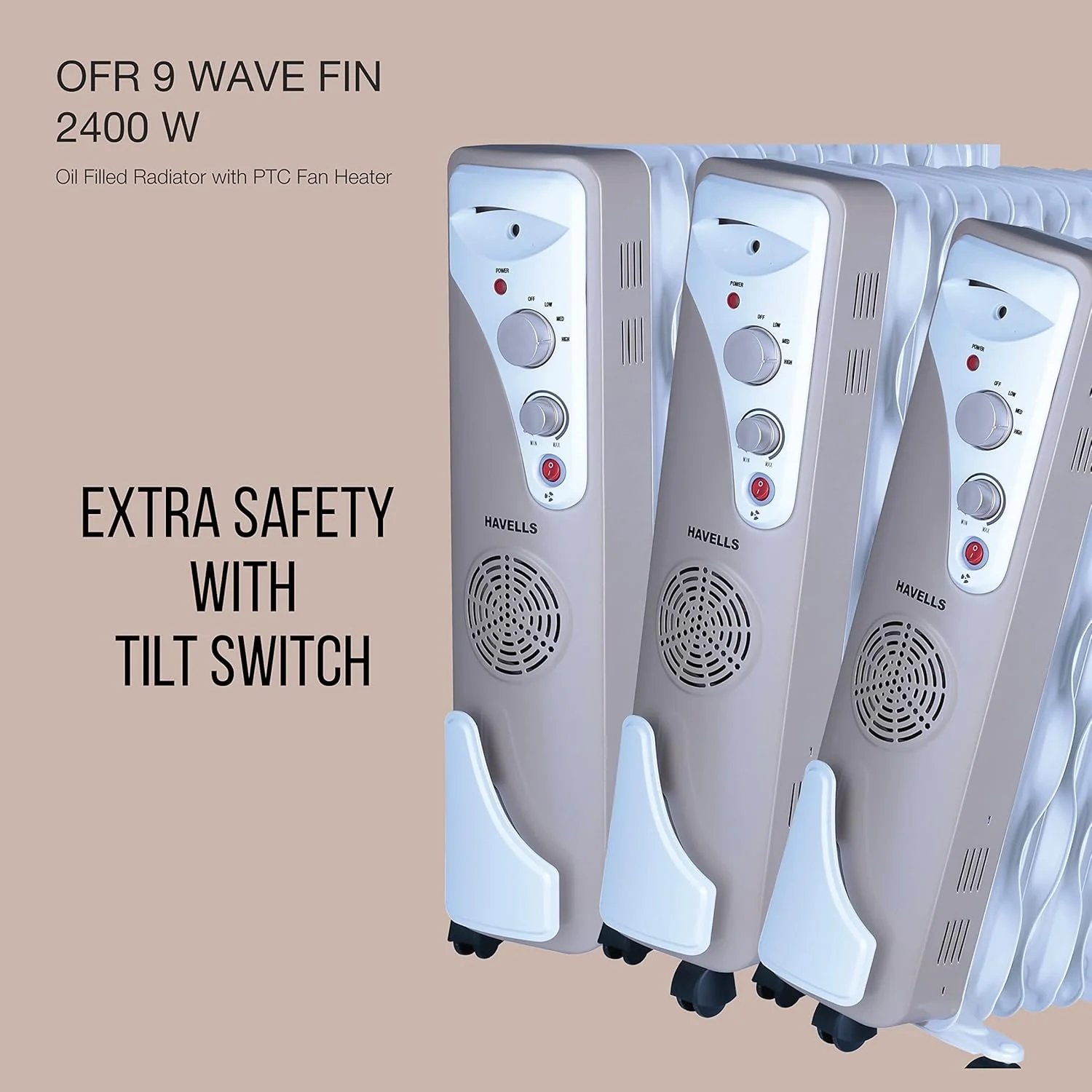 Havells OFR 9 Wave Fins with Fan Beige 2400 W - Image 3