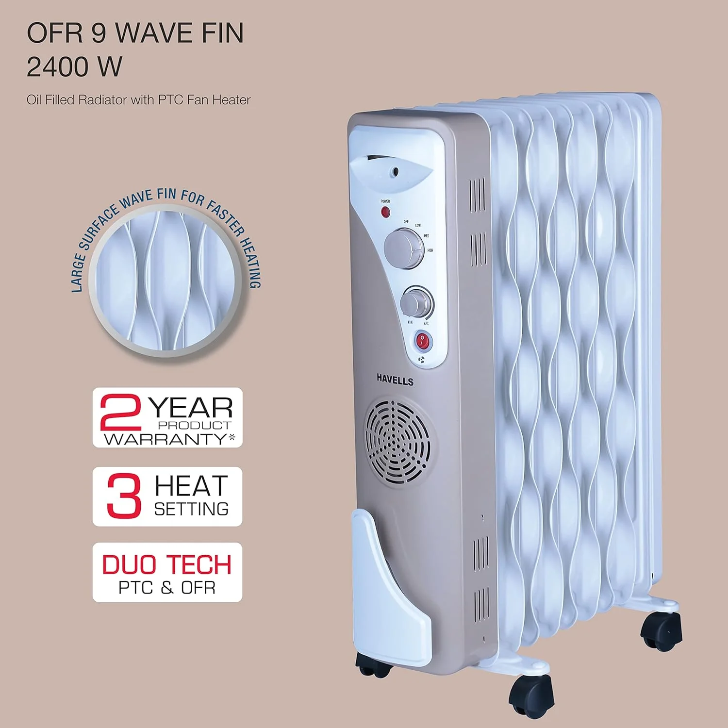 Havells OFR 9 Wave Fins with Fan Beige 2400 W - Image 5
