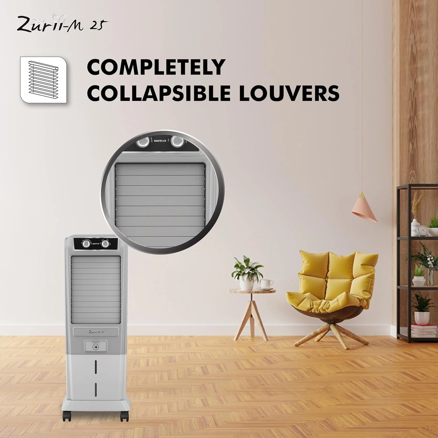 Havells Zurii-M 25L Tower Air Cooler for home | Powerful Air Delivery | Everlast Pump | Fully Collapsible Louvers | Bacteria Shield, High Density Honeycomb Pads | Heavy Duty (Light Grey/Grey) - Image 8