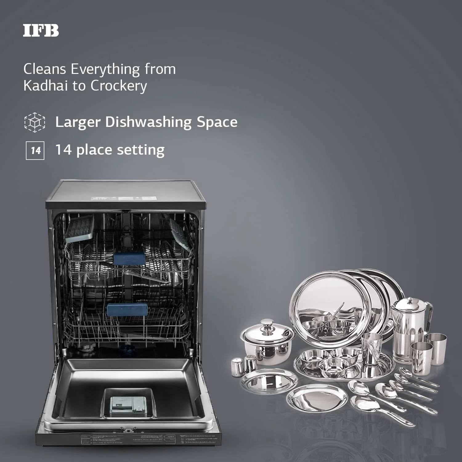 IFB 14 Place Settings with DeepClean® Technology Freestanding Dishwasher (Neptune VX14, Inox Grey, 70° Hot Water Wash with Hygienic Steam Drying, Perfect for Indian Utensils) - Image 4