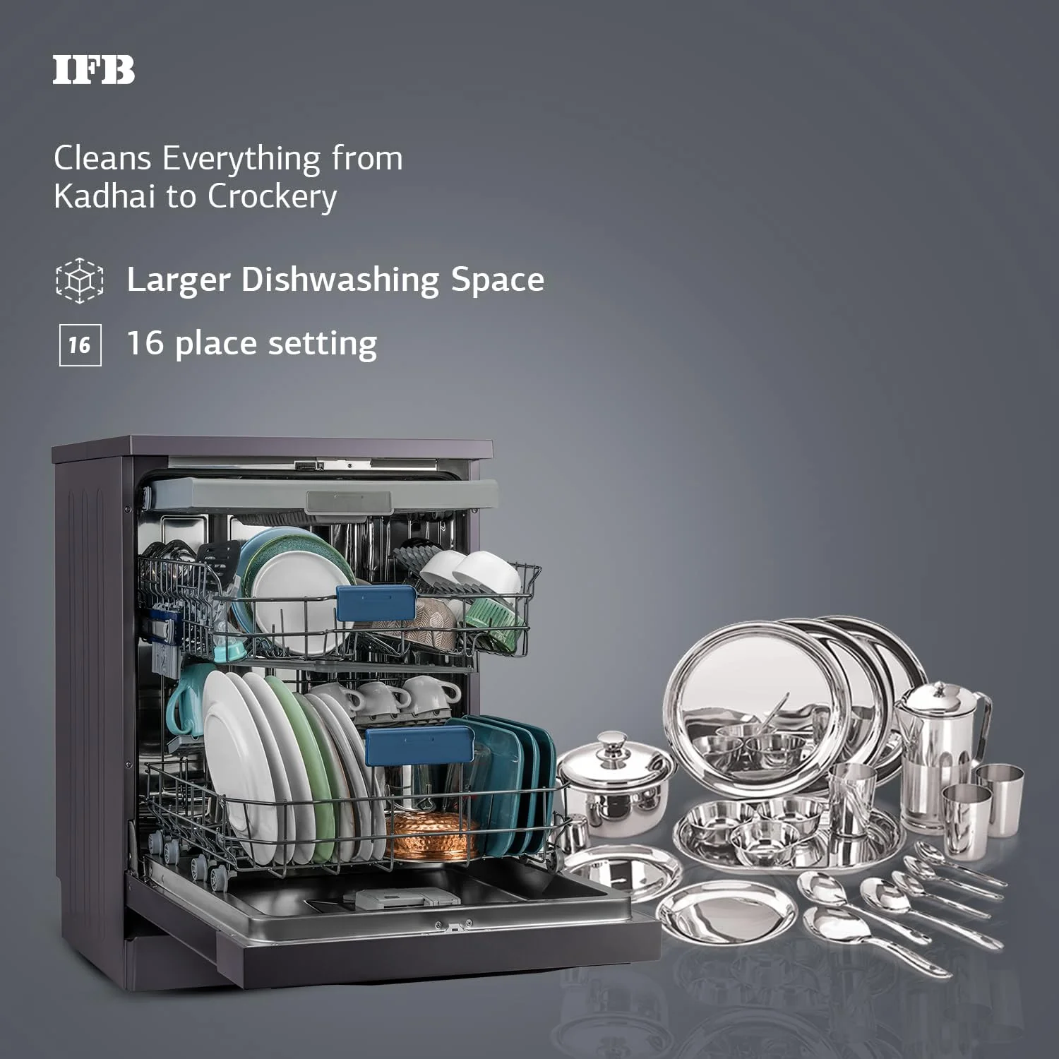 IFB 16 Place Settings with DeepClean® Technology Powered by AI Freestanding Dishwasher (Neptune VX16, Inox Grey, Largest Capacity Washes upto 92 Utensils, 70° Hot Water Wash) - Image 5