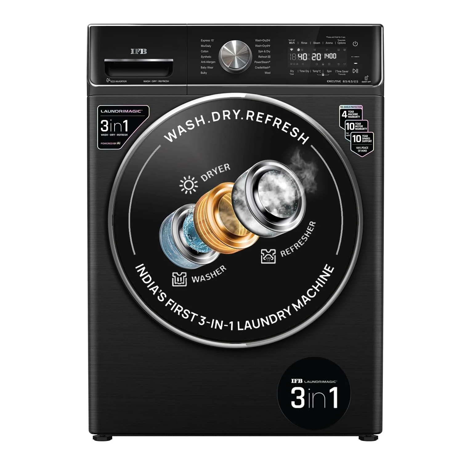 IFB 8.5 Kg / 6.5 Kg / 2.5 Kg 5 Star, Front Load 3-In-1, AI Powered, Fully Automatic Washer Dryer Refresh (2023 Model, Laundrimagic, Executive ZXB, 9 Swirl Wash, Eco Inverter Technology, Black)