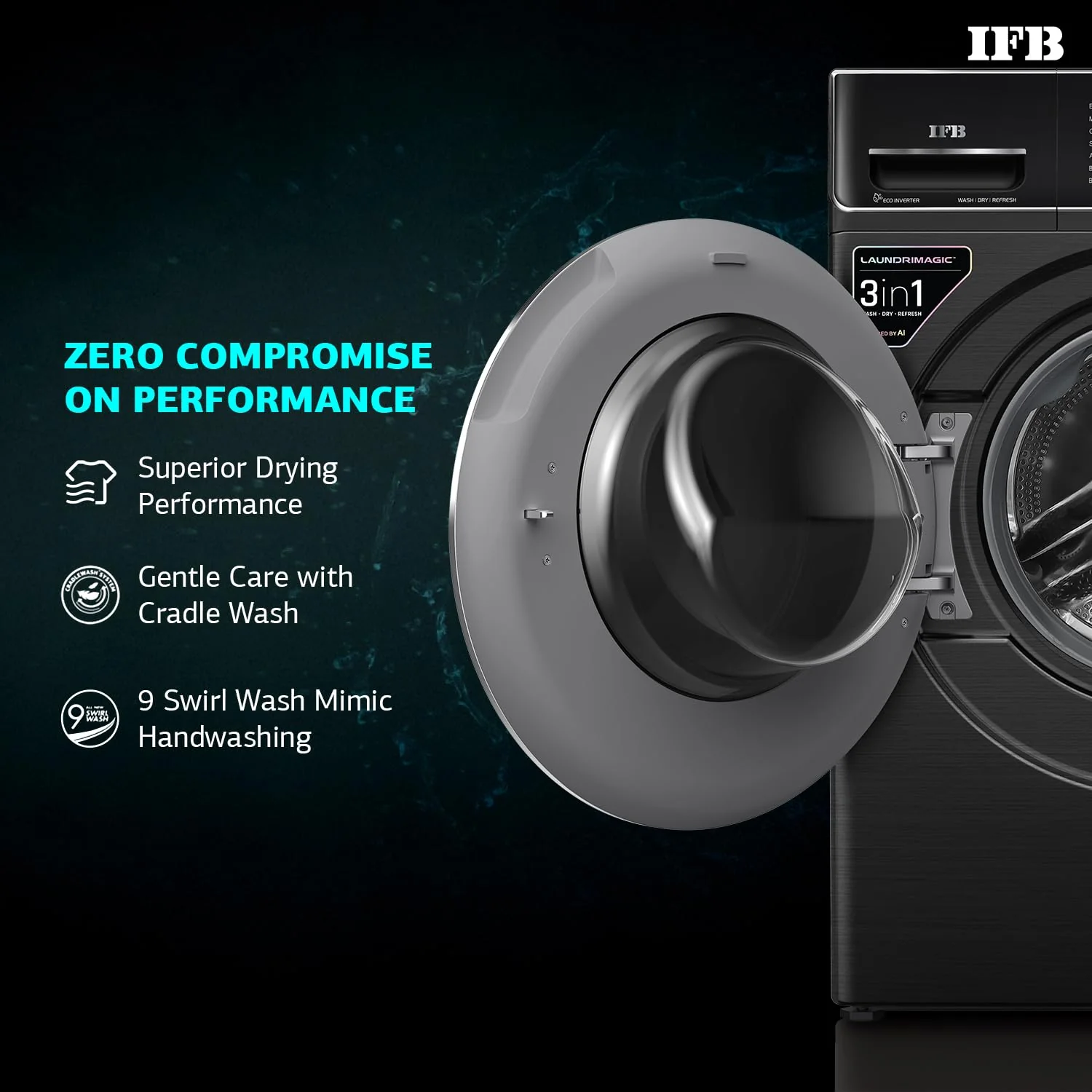 IFB 8.5 Kg / 6.5 Kg / 2.5 Kg 5 Star, Front Load 3-In-1, AI Powered, Fully Automatic Washer Dryer Refresh (2023 Model, Laundrimagic, Executive ZXB, 9 Swirl Wash, Eco Inverter Technology, Black) - Image 4