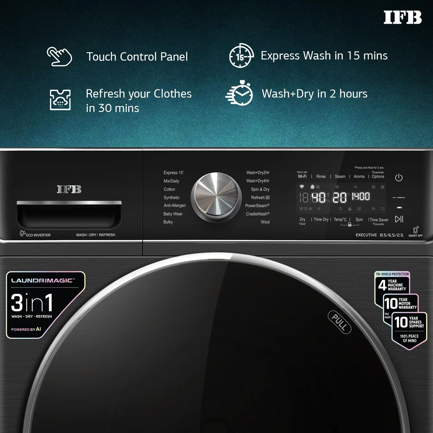 IFB 8.5 Kg / 6.5 Kg / 2.5 Kg 5 Star, Front Load 3-In-1, AI Powered, Fully Automatic Washer Dryer Refresh (2023 Model, Laundrimagic, Executive ZXB, 9 Swirl Wash, Eco Inverter Technology, Black) - Image 5