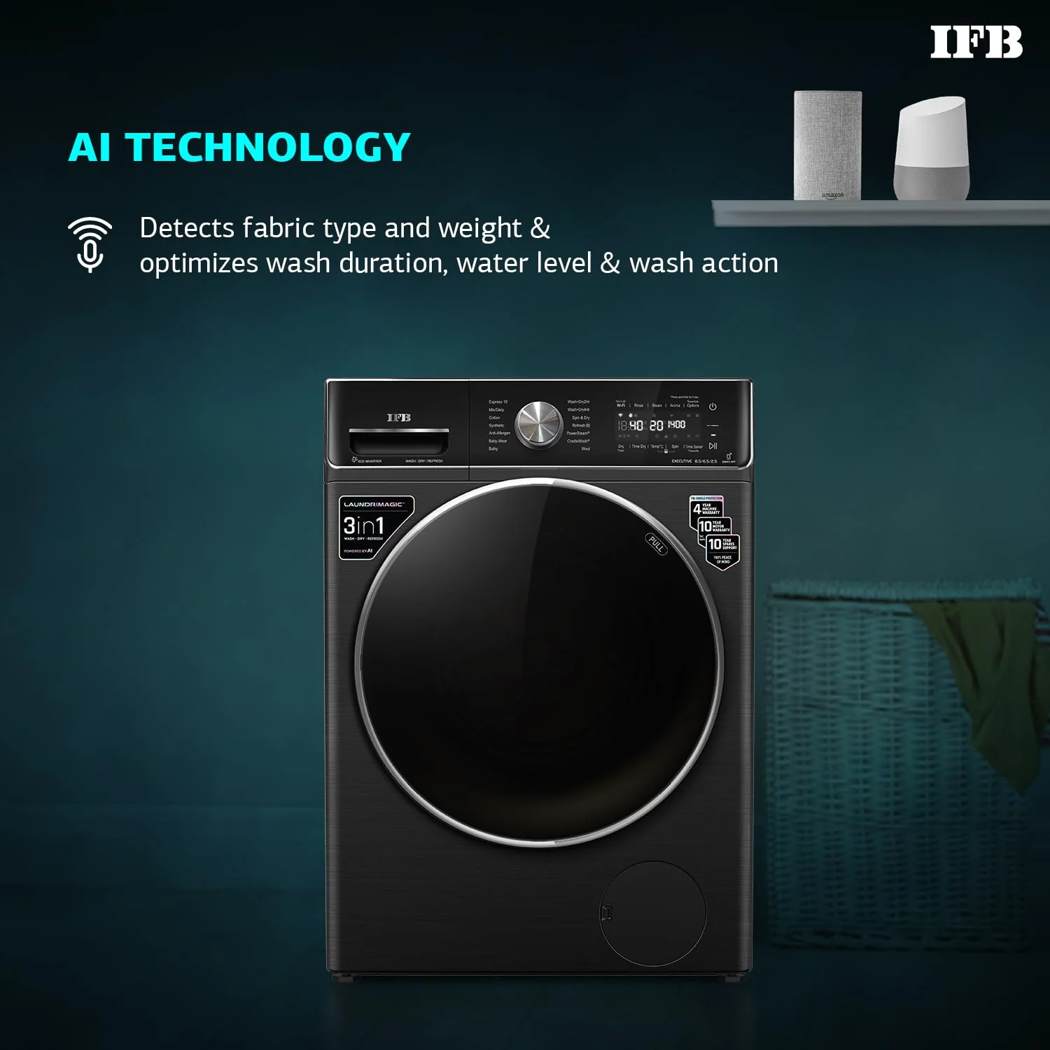 IFB 8.5 Kg / 6.5 Kg / 2.5 Kg 5 Star, Front Load 3-In-1, AI Powered, Fully Automatic Washer Dryer Refresh (2023 Model, Laundrimagic, Executive ZXB, 9 Swirl Wash, Eco Inverter Technology, Black) - Image 7
