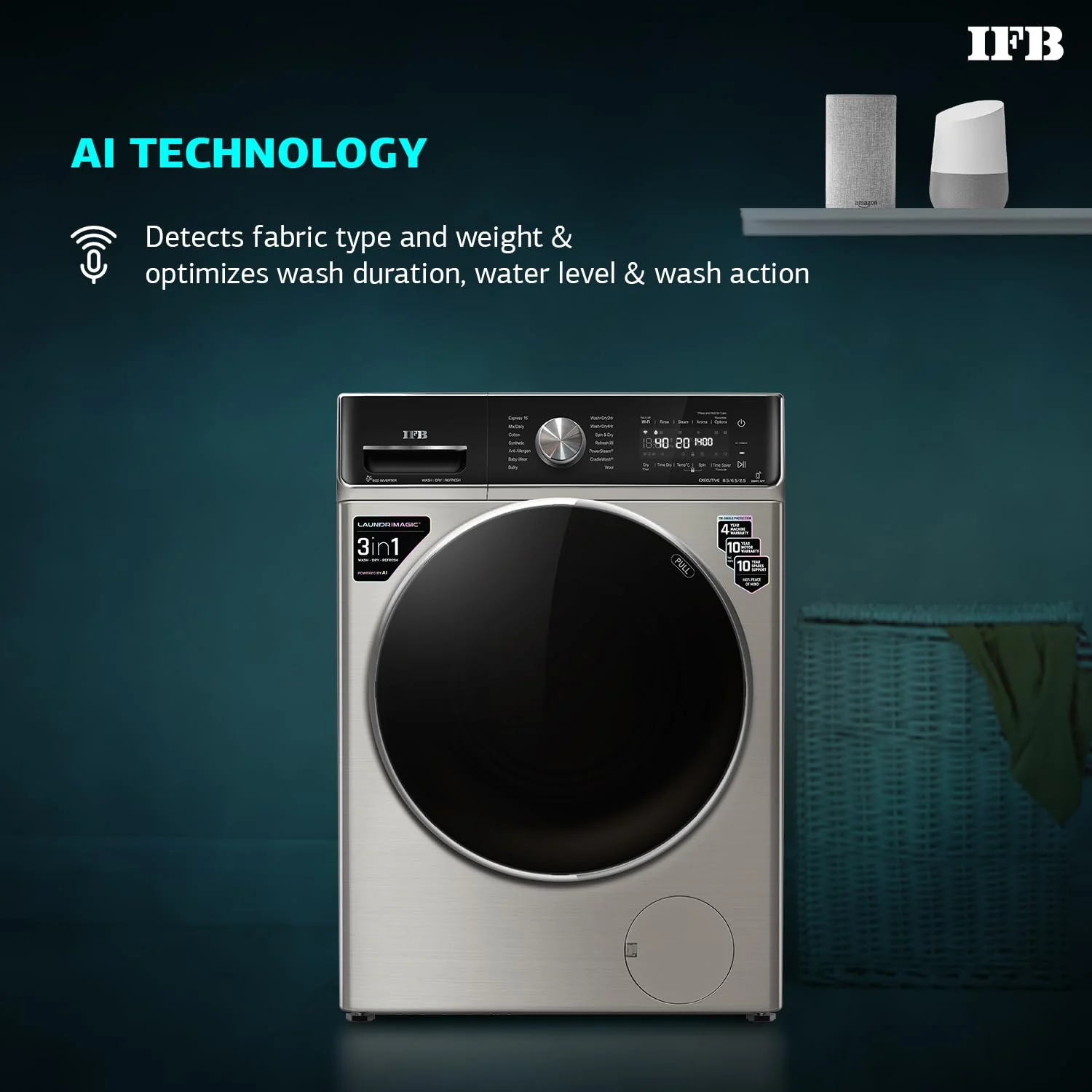 IFB 8.5 Kg / 6.5 Kg Front Load 5 Star 3-In-1, AI Powered, Fully Automatic Washer Dryer Refresh (2023 Model, Laundrimagic, 9 Swirl Wash, Eco Inverter Technology, Silver) - Image 2