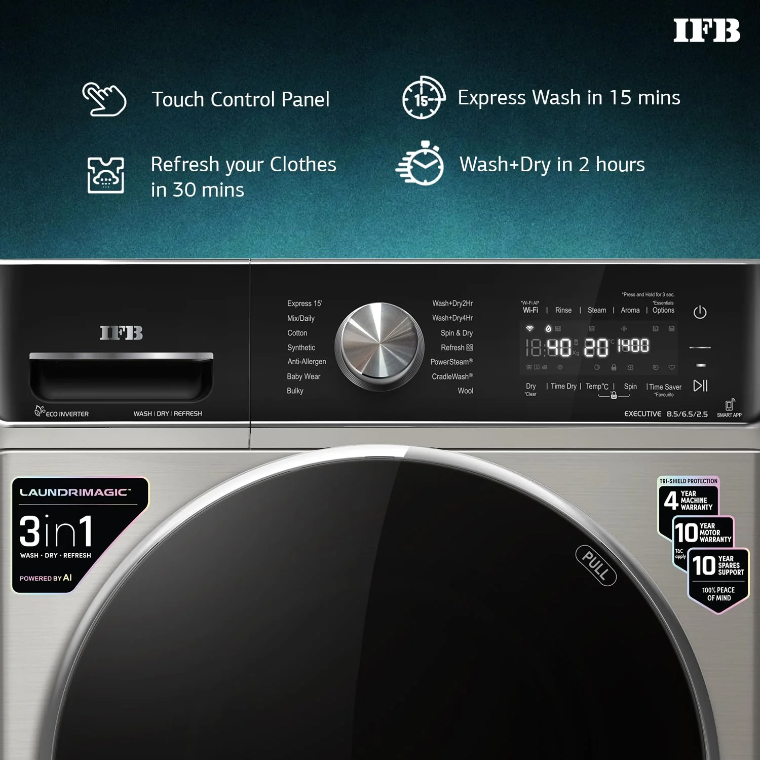 IFB 8.5 Kg / 6.5 Kg Front Load 5 Star 3-In-1, AI Powered, Fully Automatic Washer Dryer Refresh (2023 Model, Laundrimagic, 9 Swirl Wash, Eco Inverter Technology, Silver) - Image 3
