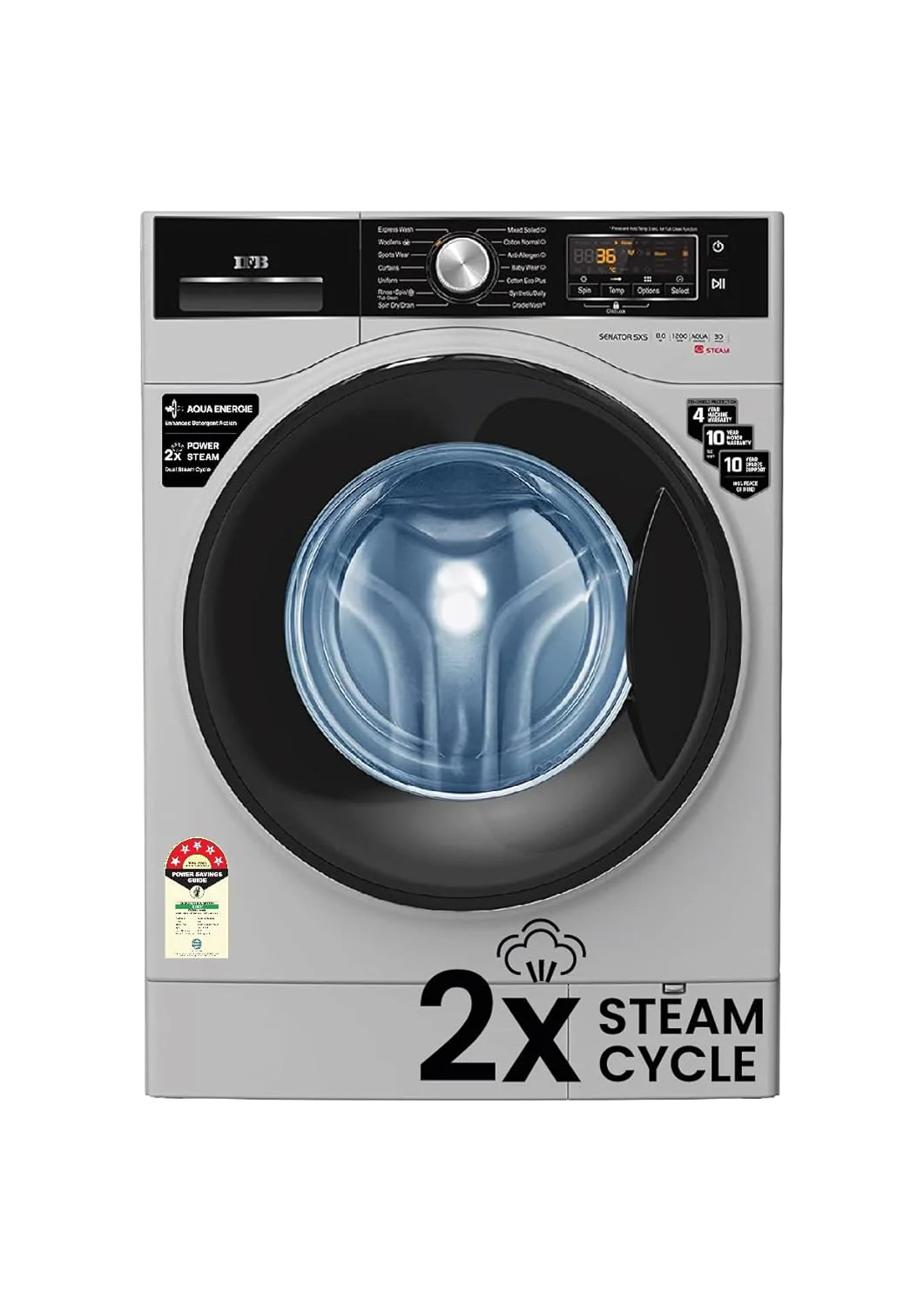 IFB 8 Kg 5 Star Front Load Washing Machine 2X Power Steam (SENATOR SXS 8012, Silver, In-built Heater, 4 years Comprehensive Warranty)