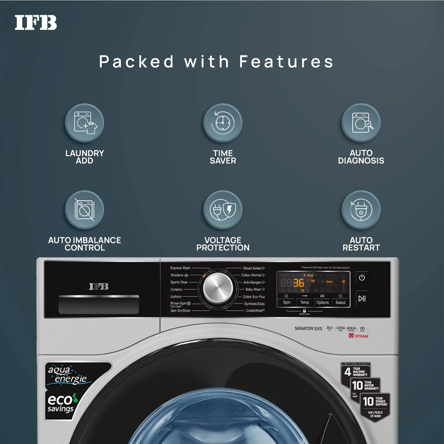 IFB 8 Kg 5 Star Front Load Washing Machine 2X Power Steam (SENATOR SXS 8012, Silver, In-built Heater, 4 years Comprehensive Warranty) - Image 3