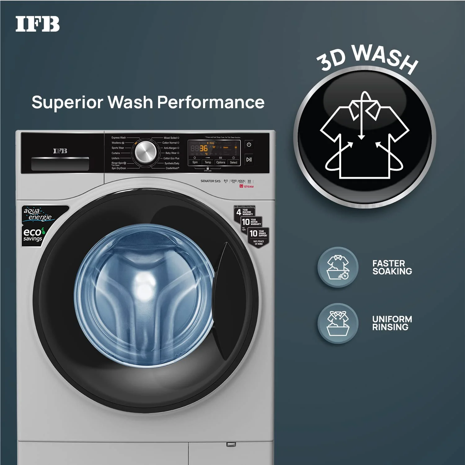 IFB 8 Kg 5 Star Front Load Washing Machine 2X Power Steam (SENATOR SXS 8012, Silver, In-built Heater, 4 years Comprehensive Warranty) - Image 6