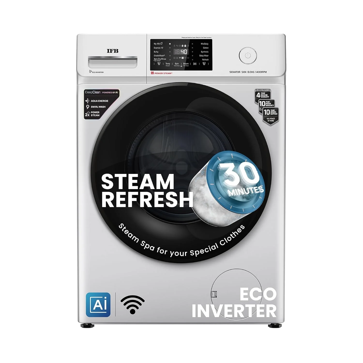IFB 8 Kg 5 Star Powered by AI with 9 Swirl Wash, WiFi, Fully Automatic Front Load Washing Machine (Senator SXN 8014, Steam Refresh Program with Eco Inverter, Rich Silver) - Image 10