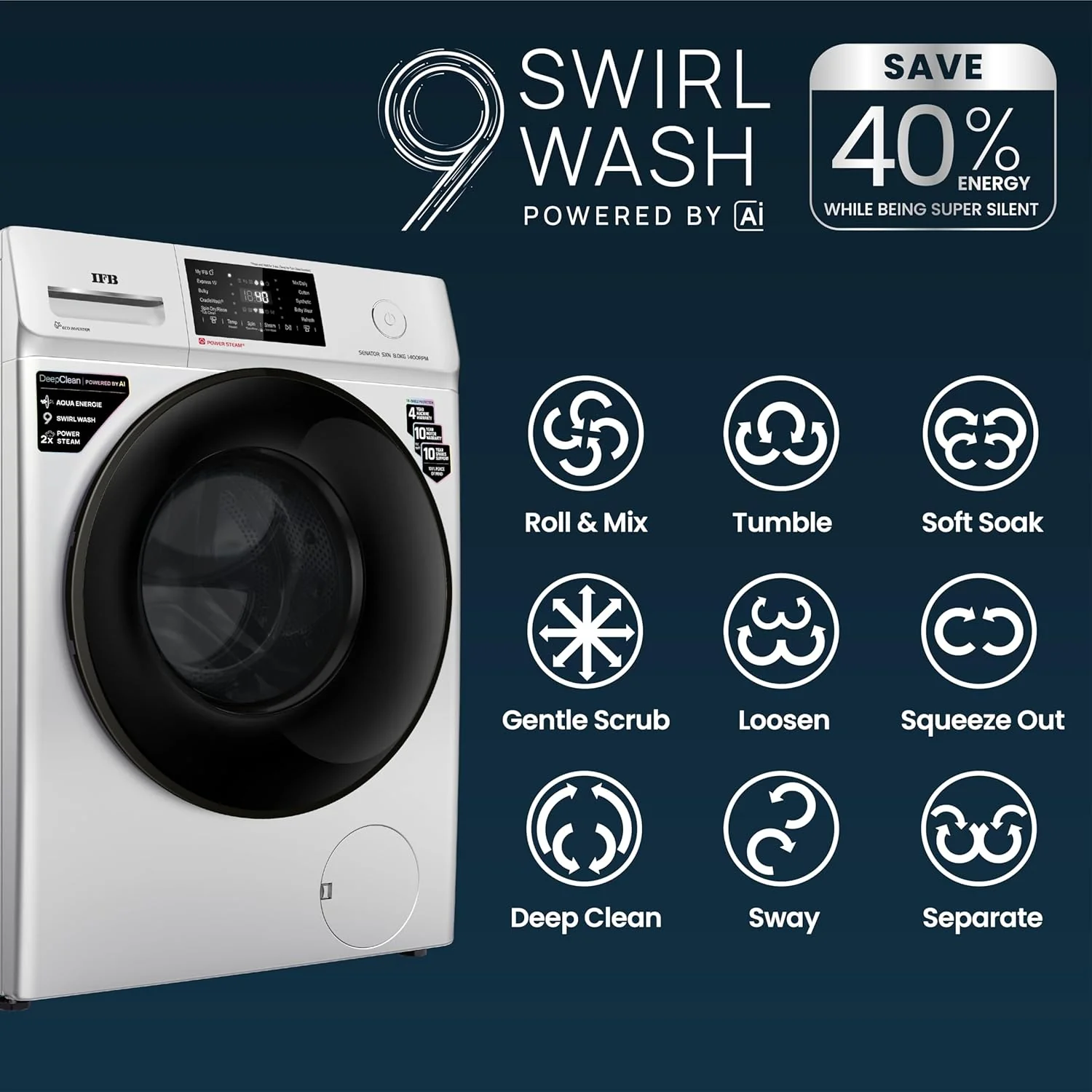 IFB 8 Kg 5 Star Powered by AI with 9 Swirl Wash, WiFi, Fully Automatic Front Load Washing Machine (Senator SXN 8014, Steam Refresh Program with Eco Inverter, Rich Silver) - Image 12