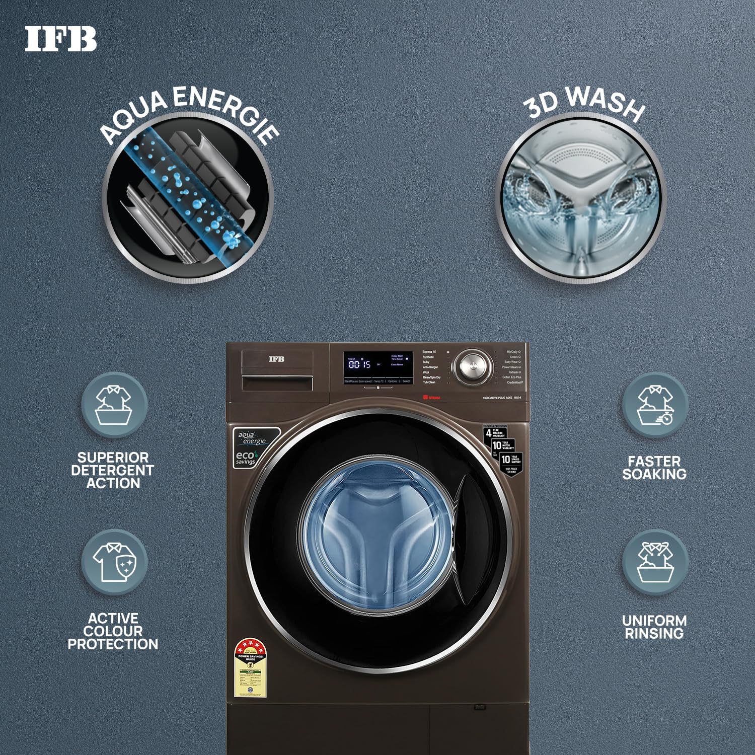 IFB 9 Kg 5 Star Front Load Washing Machine 2X Power Steam (EXECUTIVE PLUS MXS, Mocha, In-built Heater, 4 years Comprehensive Warranty) - Image 3
