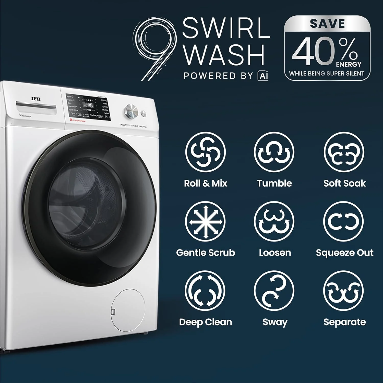 IFB 9 Kg 5 Star Powered by AI with 9 Swirl Wash, WiFi, Fully Automatic Front Load Washing Machine (EXECUTIVE SXN 9014K CMS, Steam Refresh Program with Eco Inverter, Rich Silver) - Image 3