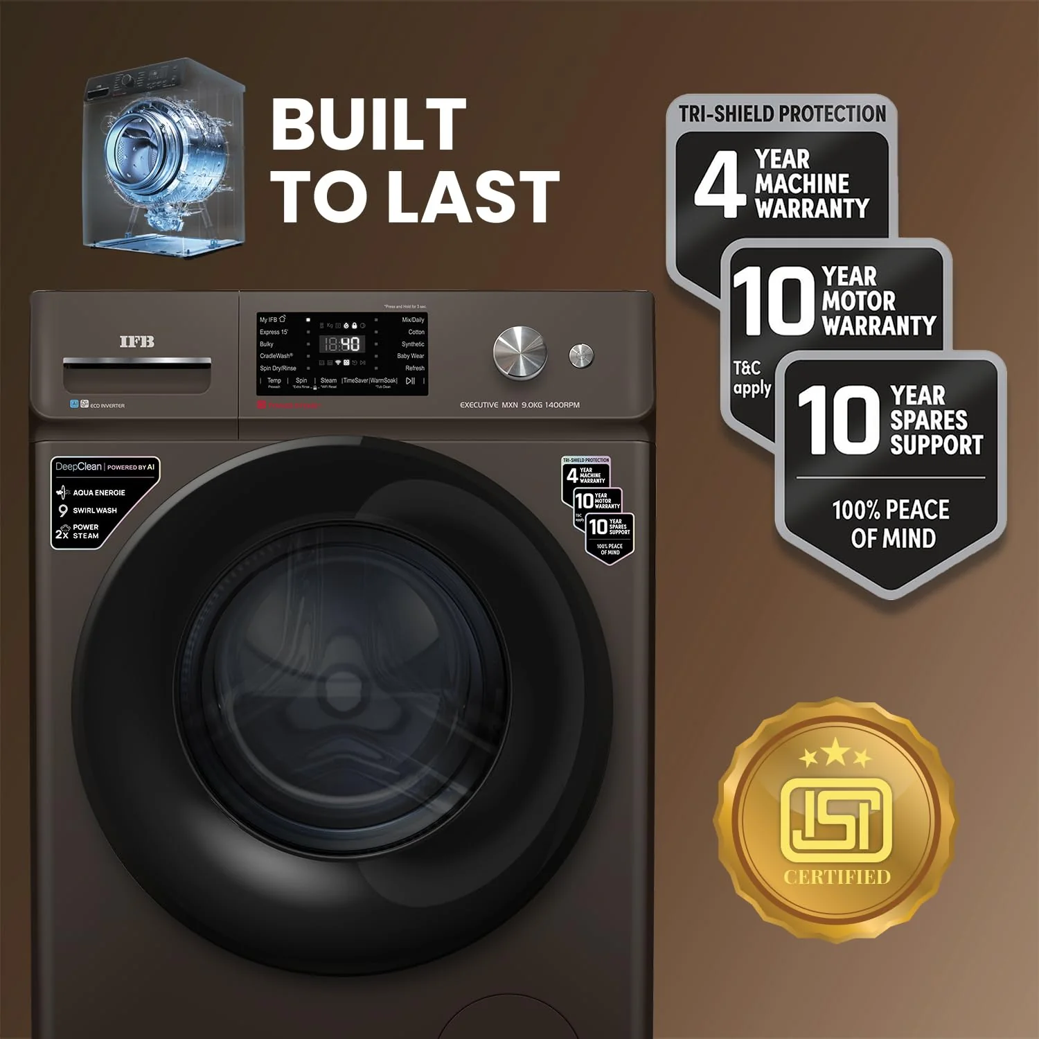 IFB 9 Kg 5 Star with DeepClean® Technology, AI Powered, WiFi, Fully Automatic Front Load Washing Machine (EXECUTIVE MXN 9014K CMS, PowerSteam®, 9 Swirl, Steam Refresh, Eco Inverter, Mocha) - Image 12