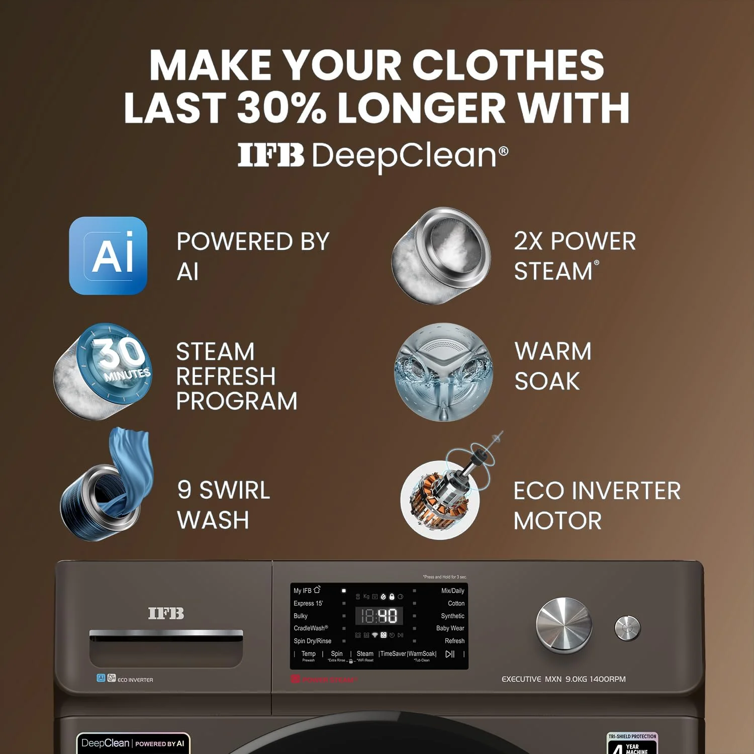 IFB 9 Kg 5 Star with DeepClean® Technology, AI Powered, WiFi, Fully Automatic Front Load Washing Machine (EXECUTIVE MXN 9014K CMS, PowerSteam®, 9 Swirl, Steam Refresh, Eco Inverter, Mocha) - Image 3