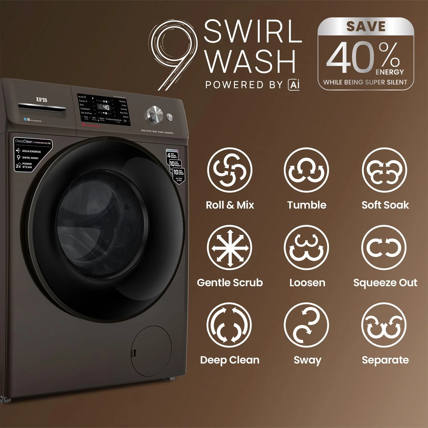 IFB 9 Kg 5 Star with DeepClean® Technology, AI Powered, WiFi, Fully Automatic Front Load Washing Machine (EXECUTIVE MXN 9014K CMS, PowerSteam®, 9 Swirl, Steam Refresh, Eco Inverter, Mocha) - Image 8