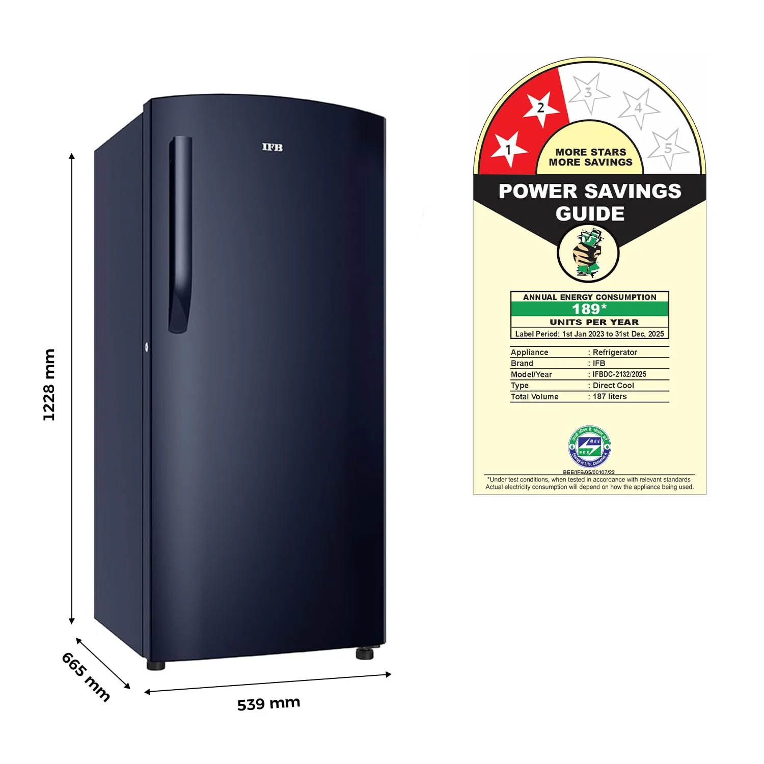 IFB Smart Choice 187L 2 Star Direct-Cool Single Door Refrigerator (IFBDC-2132NCSE, Blue) Extraordinary Storage with Humidity Controller - Image 2