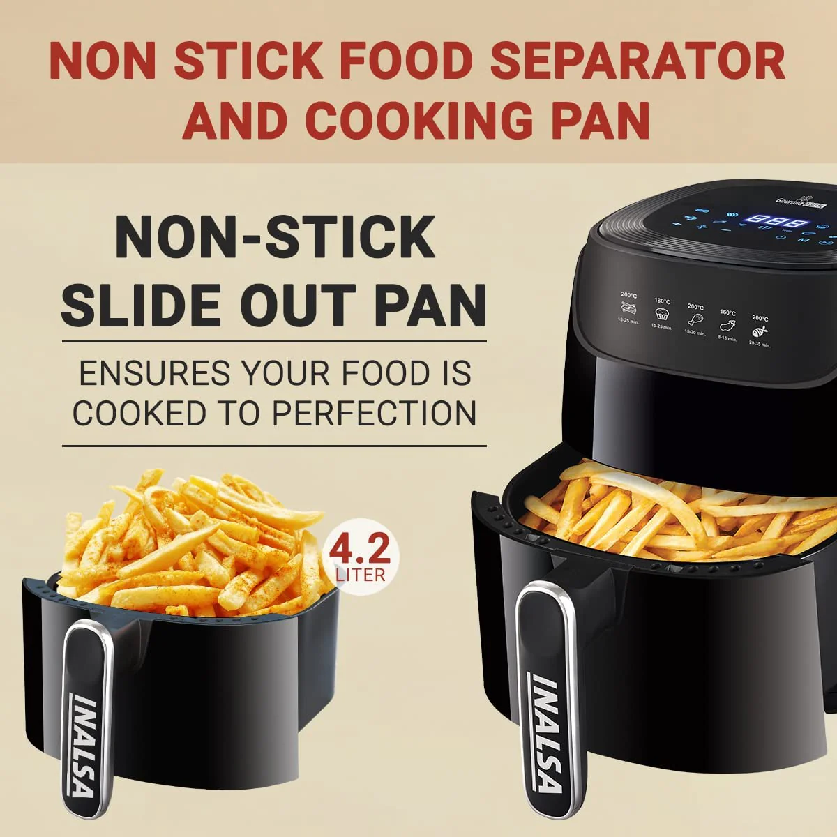 INALSA Air Fryer Digital 4.2L Gourmia Digital-1400W with Smart AirCrisp Technology|8-Preset Menu,Touch Control &amp; Digital Display|Variable Temperature&amp;Timer Control|Free Recipe book|2 Yr Warranty|Black - Image 5