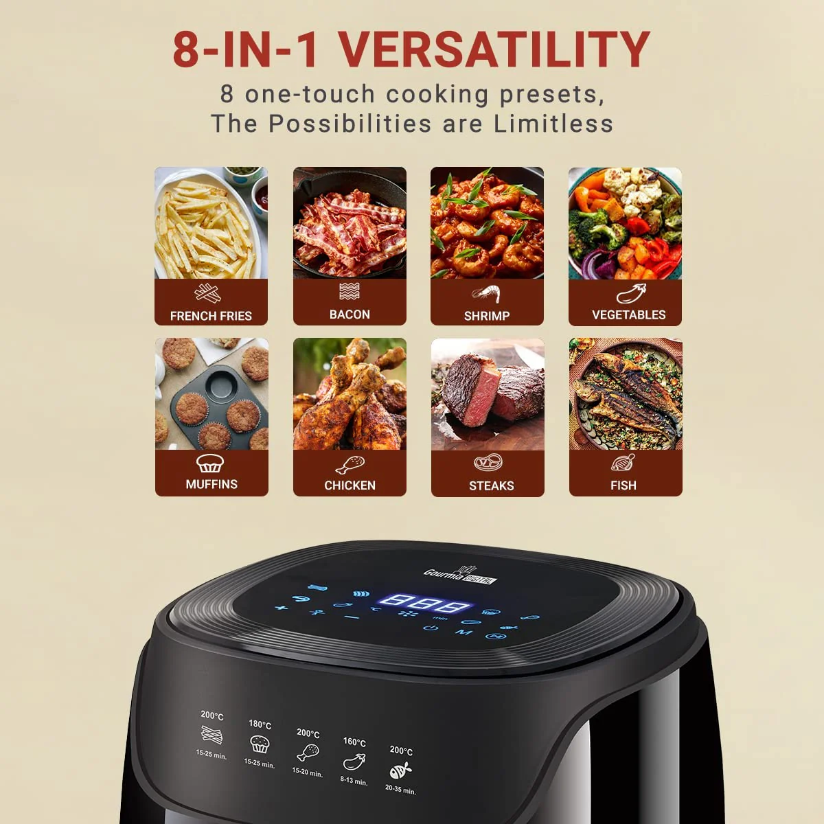 INALSA Air Fryer Digital 4.2L Gourmia Digital-1400W with Smart AirCrisp Technology|8-Preset Menu,Touch Control &amp; Digital Display|Variable Temperature&amp;Timer Control|Free Recipe book|2 Yr Warranty|Black - Image 7