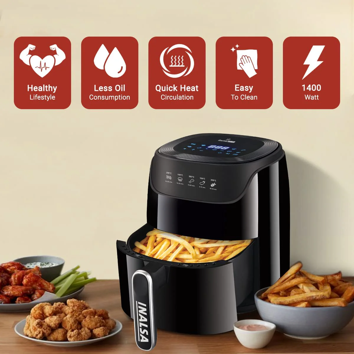 INALSA Air Fryer Digital 4.2L Gourmia Digital-1400W with Smart AirCrisp Technology|8-Preset Menu,Touch Control &amp; Digital Display|Variable Temperature&amp;Timer Control|Free Recipe book|2 Yr Warranty|Black - Image 8