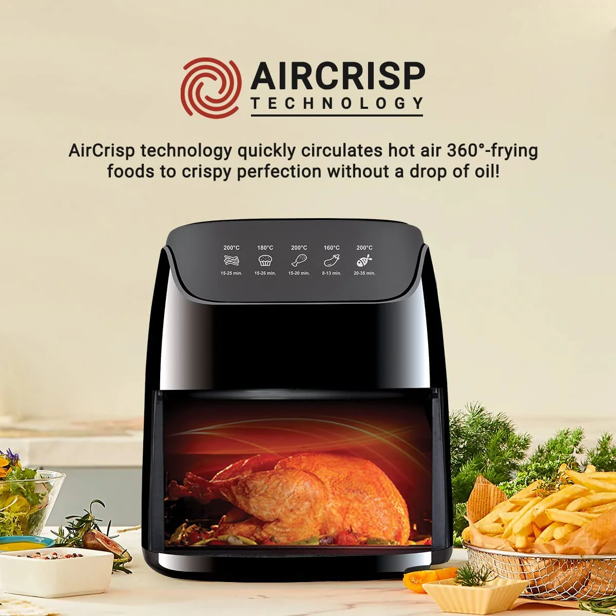 INALSA Air Fryer Digital 4.2L Gourmia Digital-1400W with Smart AirCrisp Technology|8-Preset Menu,Touch Control &amp; Digital Display|Variable Temperature&amp;Timer Control|Free Recipe book|2 Yr Warranty|Black - Image 9