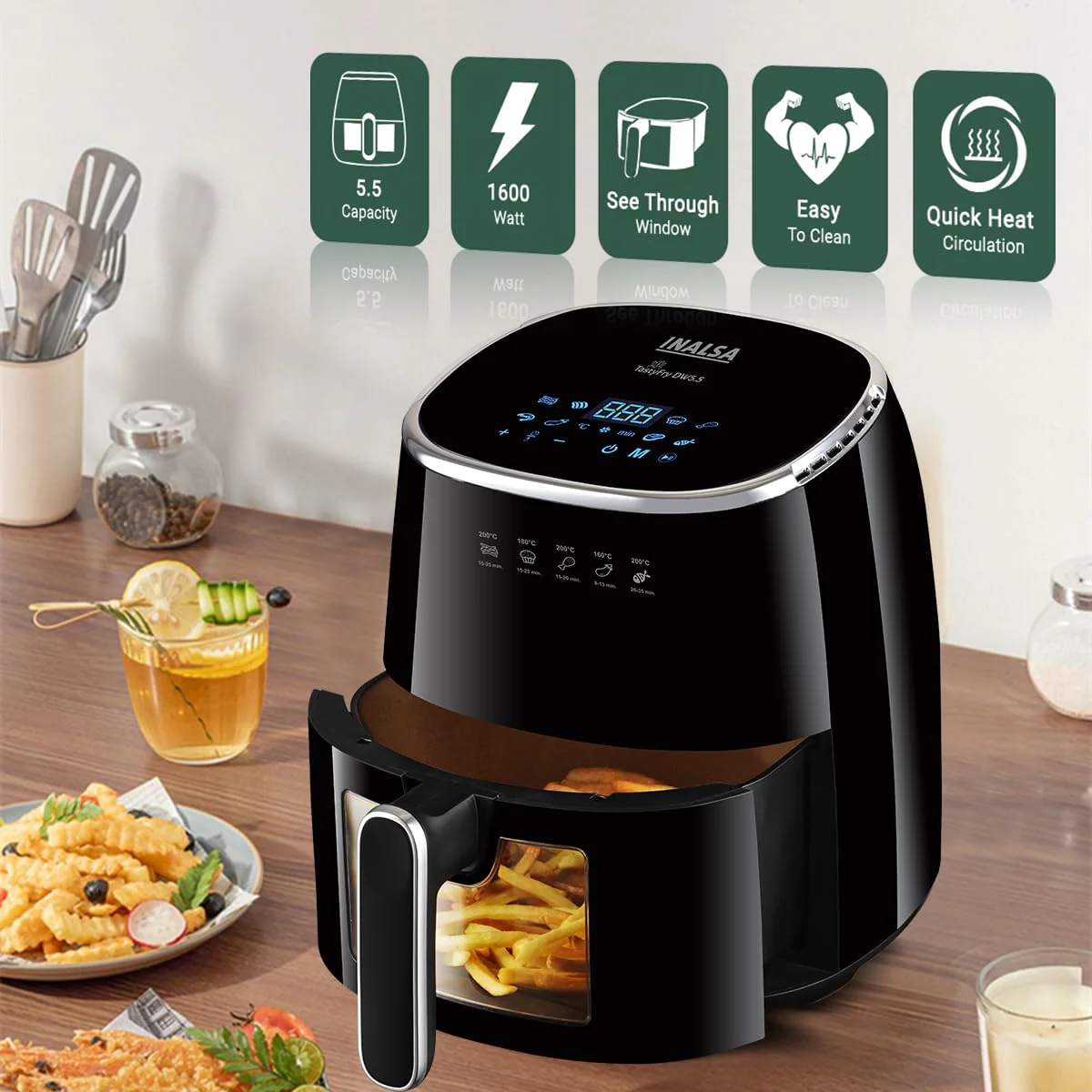 INALSA Air Fryer for Home|5.5 liter Capacity|Visible Window & Internal Light|1600 W with Smart AirCrisp Technology|6-In-1 Appliance With 8 Preset Menu & Digital Display (Tasty fry DW5.5) Black - Image 2