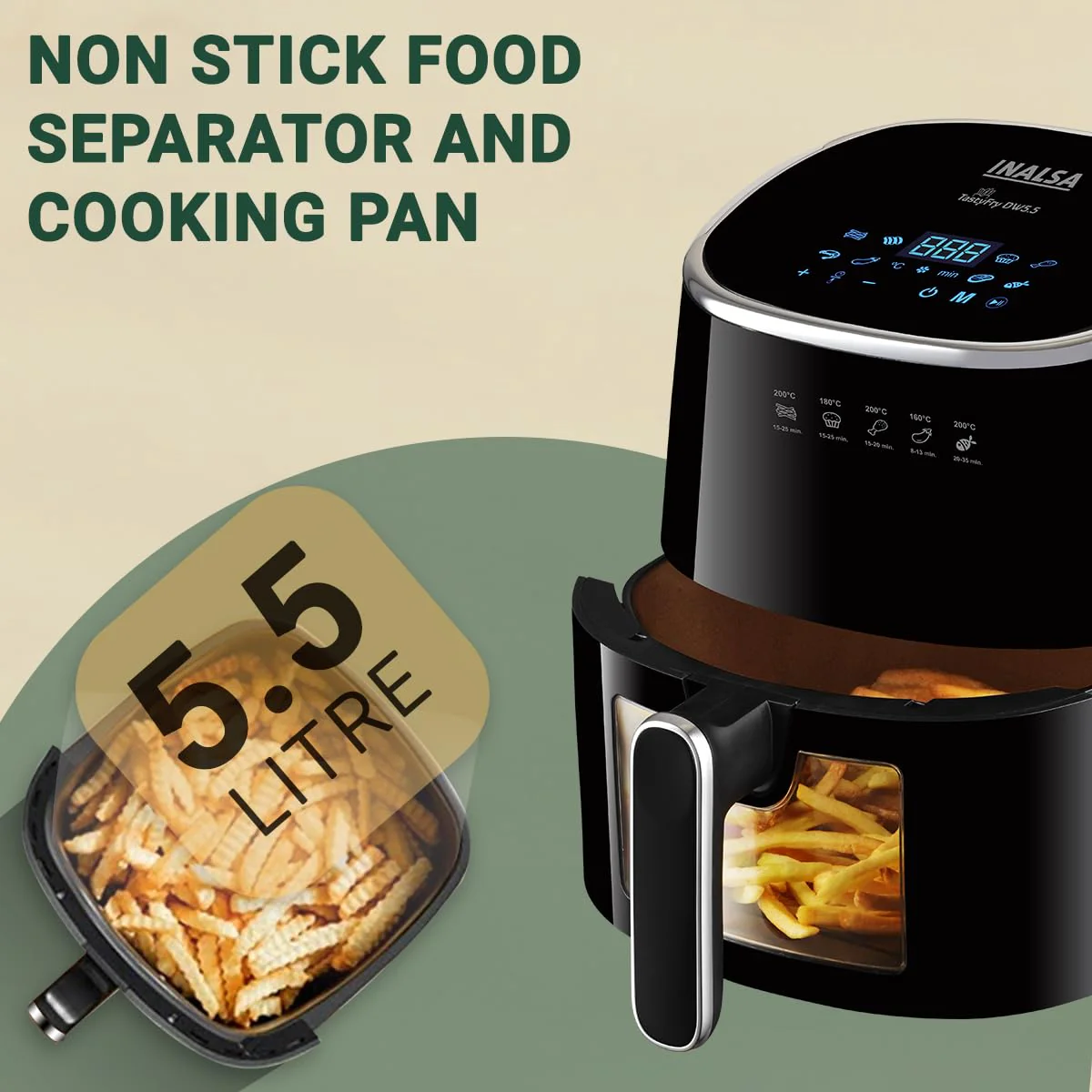 INALSA Air Fryer for Home|5.5 liter Capacity|Visible Window & Internal Light|1600 W with Smart AirCrisp Technology|6-In-1 Appliance With 8 Preset Menu & Digital Display (Tasty fry DW5.5) Black - Image 3