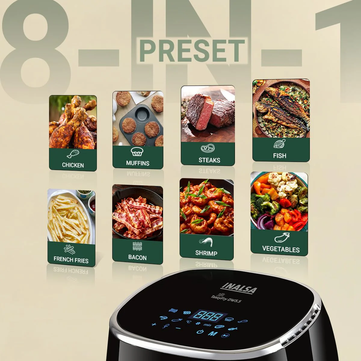 INALSA Air Fryer for Home|5.5 liter Capacity|Visible Window & Internal Light|1600 W with Smart AirCrisp Technology|6-In-1 Appliance With 8 Preset Menu & Digital Display (Tasty fry DW5.5) Black - Image 5