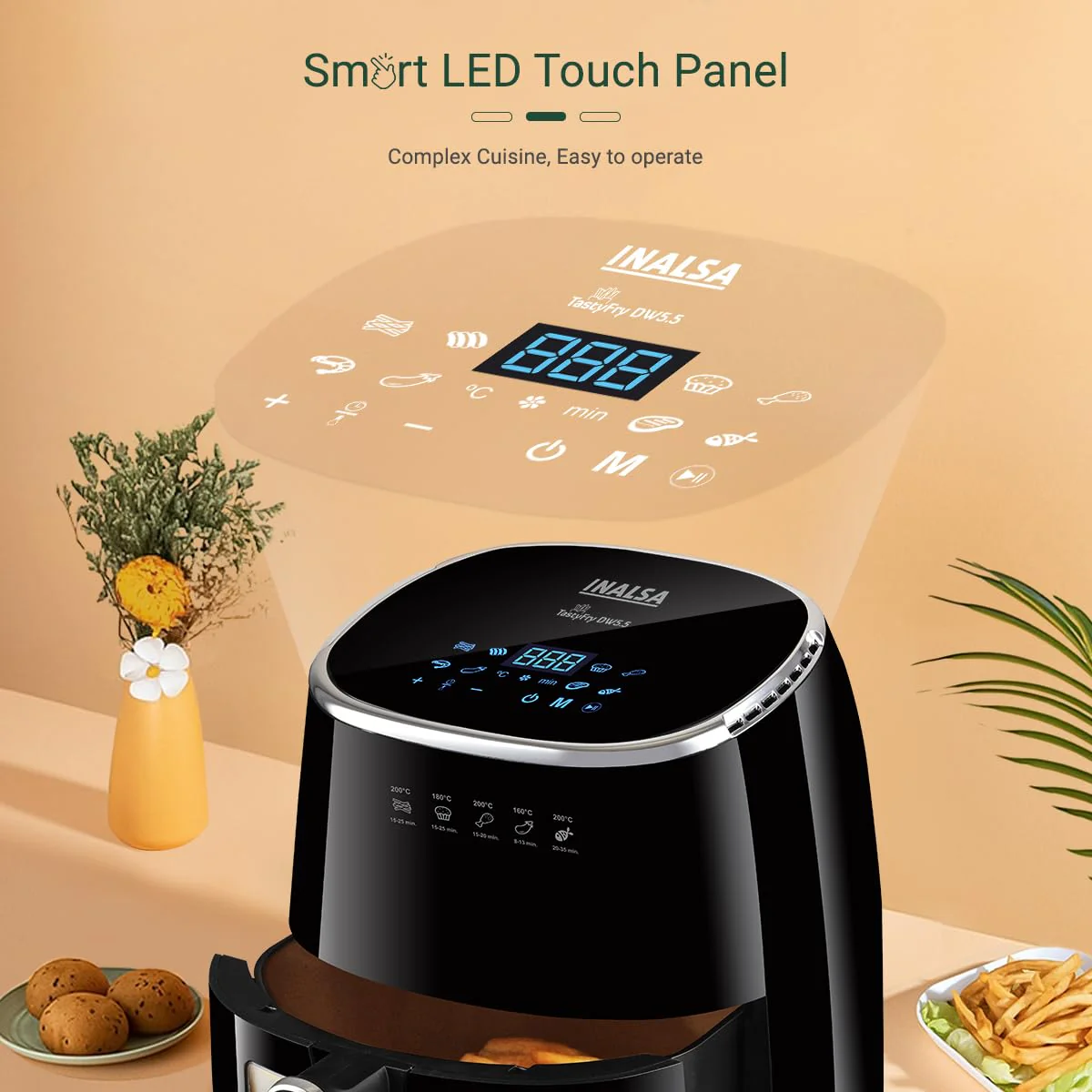 INALSA Air Fryer for Home|5.5 liter Capacity|Visible Window & Internal Light|1600 W with Smart AirCrisp Technology|6-In-1 Appliance With 8 Preset Menu & Digital Display (Tasty fry DW5.5) Black - Image 6