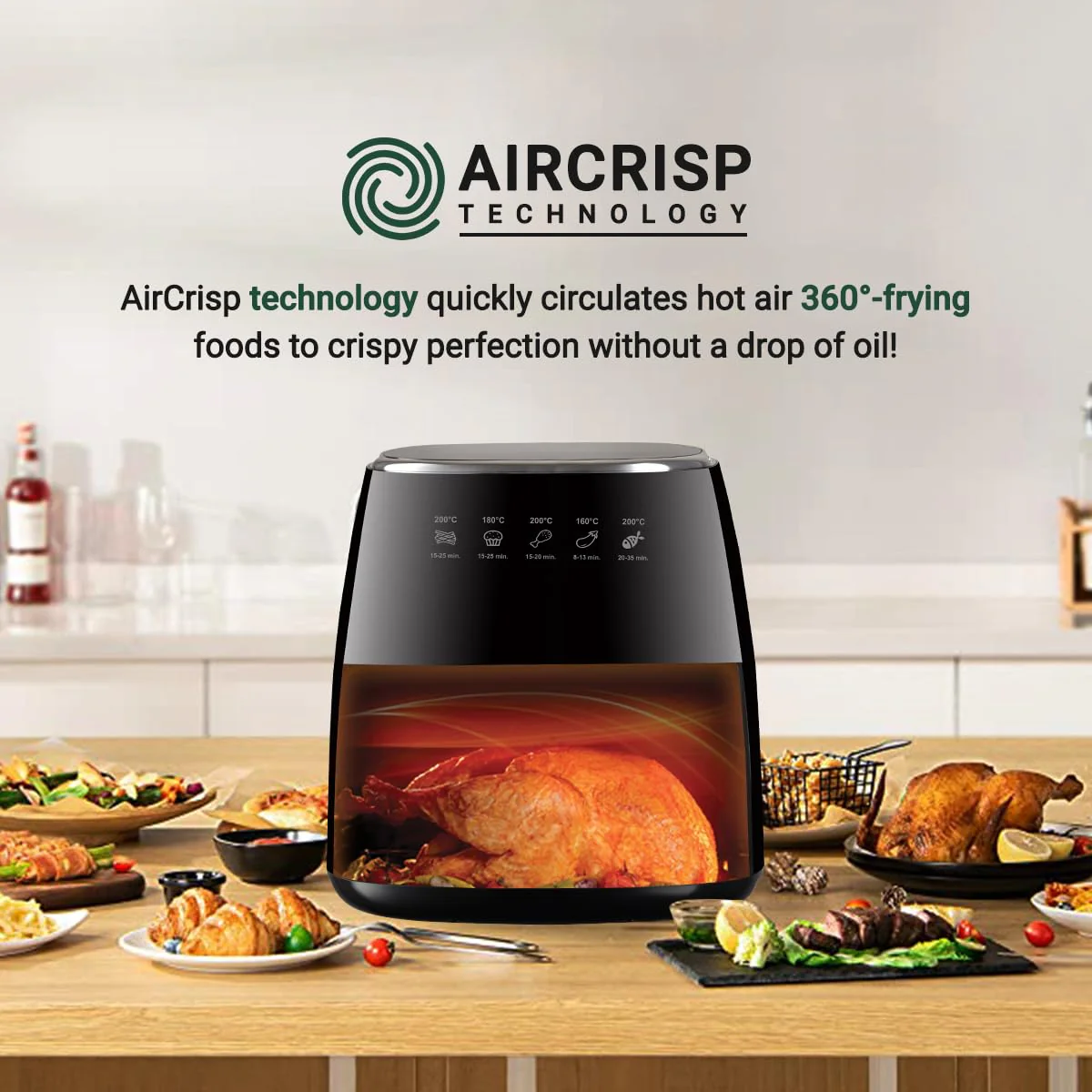 INALSA Air Fryer for Home|5.5 liter Capacity|Visible Window & Internal Light|1600 W with Smart AirCrisp Technology|6-In-1 Appliance With 8 Preset Menu & Digital Display (Tasty fry DW5.5) Black - Image 7