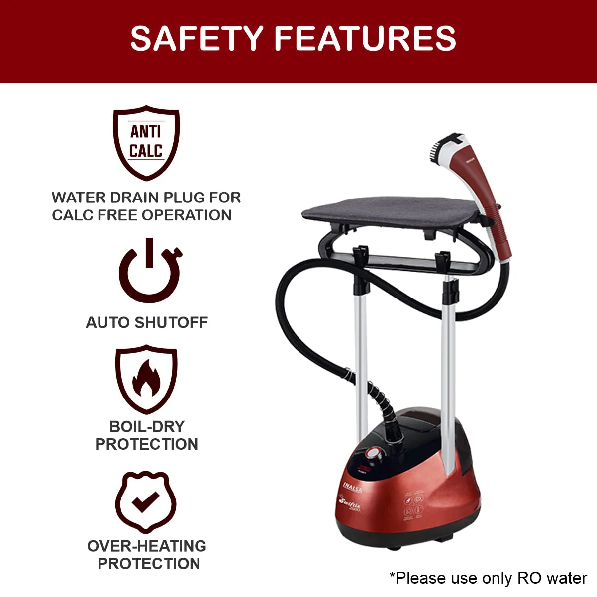 INALSA Standing Garment Steamer 2000 W|Double Pole With 90° &amp; 180° Adjustable Ironing Board |Adjustable Pole Height|2.2 L Water Tank|45 Sec Heat Up Time|32g/min Steam Output |2 Y Warranty,Swiftix 2000 - Image 3