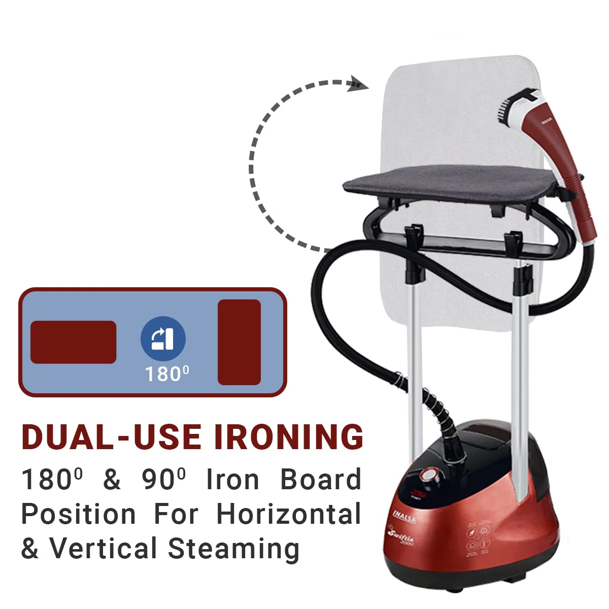 INALSA Standing Garment Steamer 2000 W|Double Pole With 90° &amp; 180° Adjustable Ironing Board |Adjustable Pole Height|2.2 L Water Tank|45 Sec Heat Up Time|32g/min Steam Output |2 Y Warranty,Swiftix 2000 - Image 5