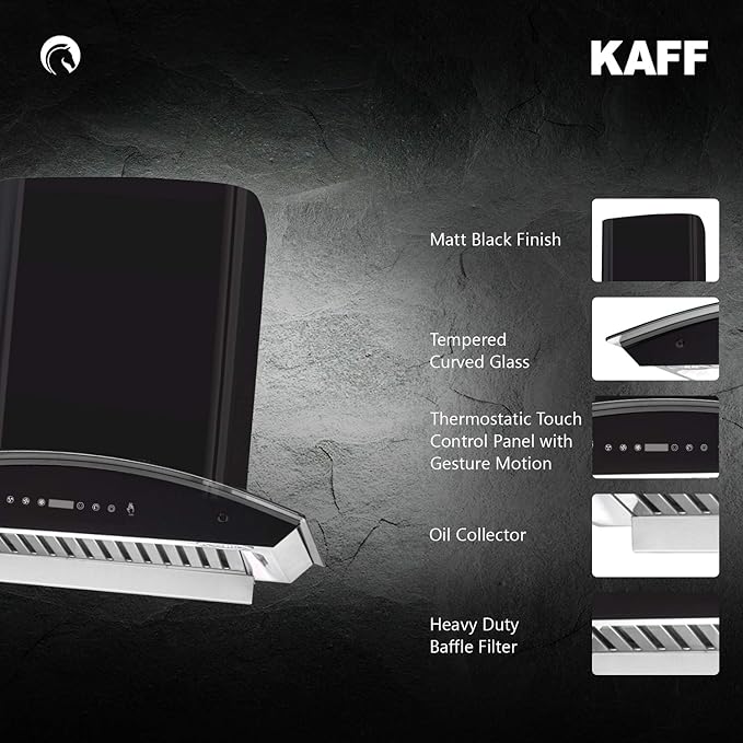 KAFF 60 CM Filter-less Auto Clean Curved Glass Kitchen Chimney, 1180 m3/hr Suction Capacity with Motion Sensor, Touch Control, Black Glass Front Panel (ROVER DHC 60, Black) - Image 3