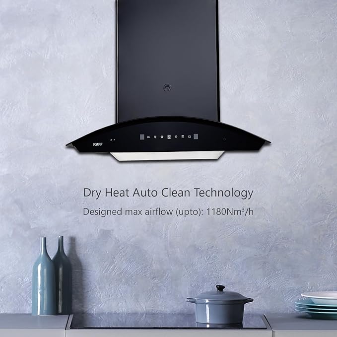 KAFF 60 CM Filter-less Auto Clean Curved Glass Kitchen Chimney, 1180 m3/hr Suction Capacity with Motion Sensor, Touch Control, Black Glass Front Panel (ROVER DHC 60, Black) - Image 4