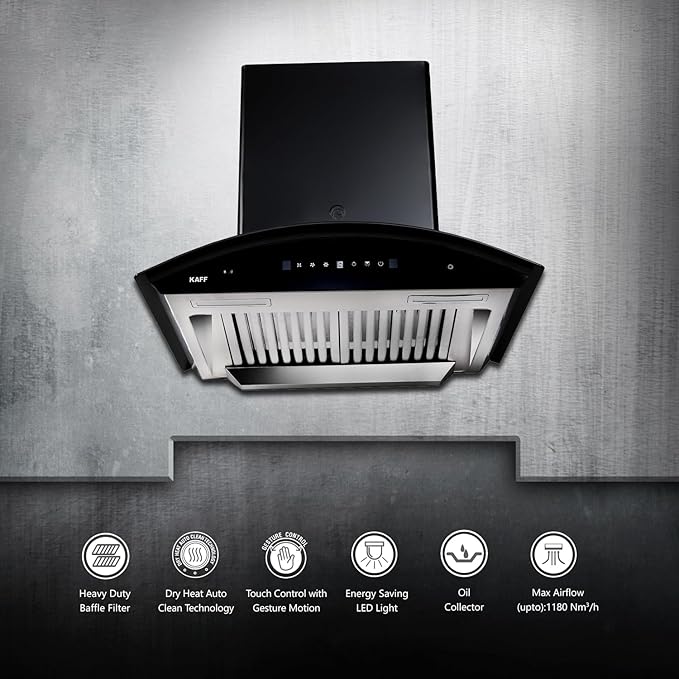 KAFF 60 CM Filter-less Auto Clean Curved Glass Kitchen Chimney, 1180 m3/hr Suction Capacity with Motion Sensor, Touch Control, Black Glass Front Panel (ROVER DHC 60, Black) - Image 6