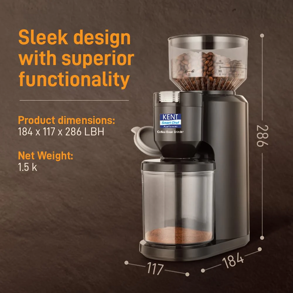 KENT Coffee Bean Grinder 150 W | Burr Grinding System Maintains Flavour & Aroma | 30 Adjustable Grinding Settings | Choice of 2 to 14 Cups of Fresh Grounded Coffee | 500 RPM 100% Copper Motor | Black - Image 4