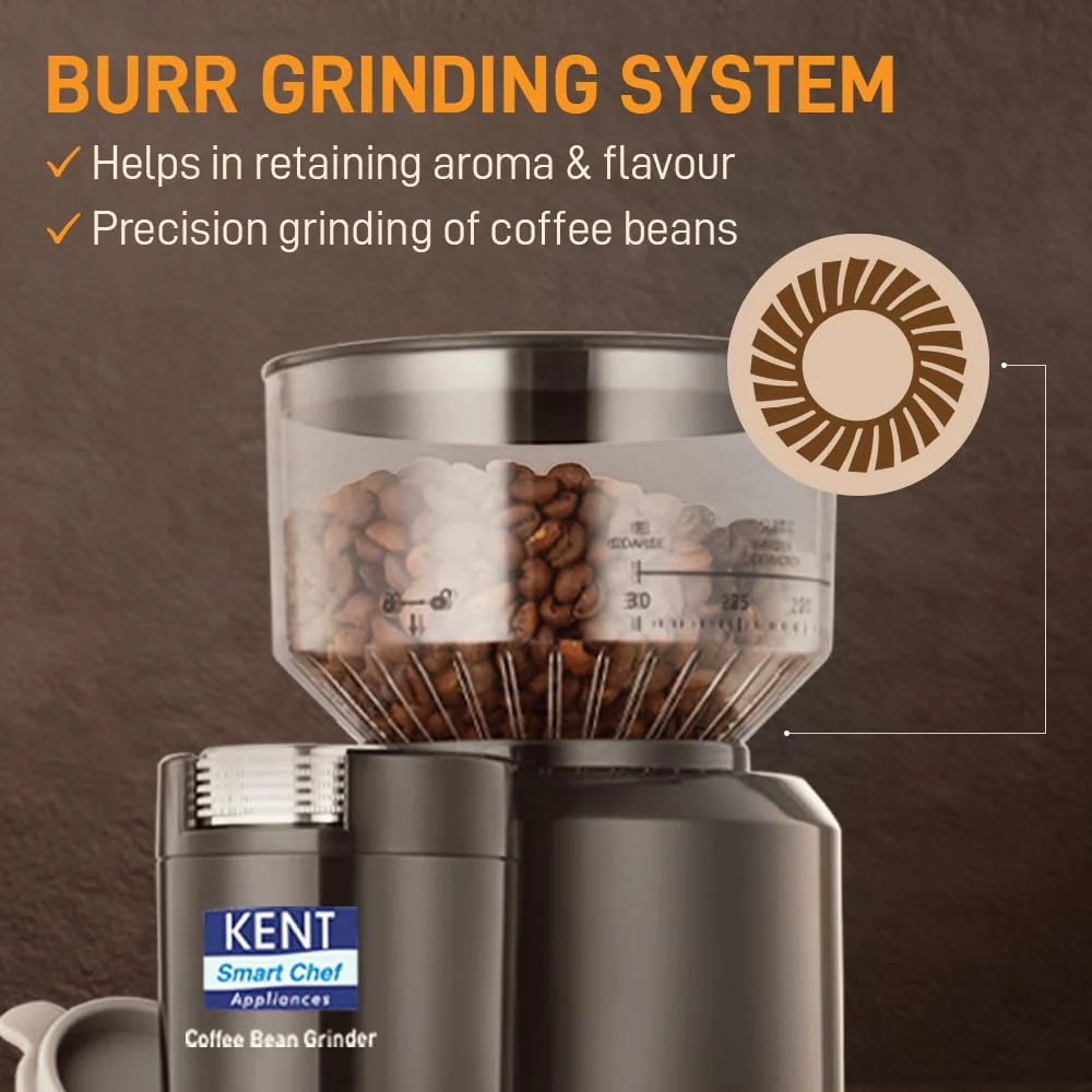 KENT Coffee Bean Grinder 150 W | Burr Grinding System Maintains Flavour & Aroma | 30 Adjustable Grinding Settings | Choice of 2 to 14 Cups of Fresh Grounded Coffee | 500 RPM 100% Copper Motor | Black - Image 5