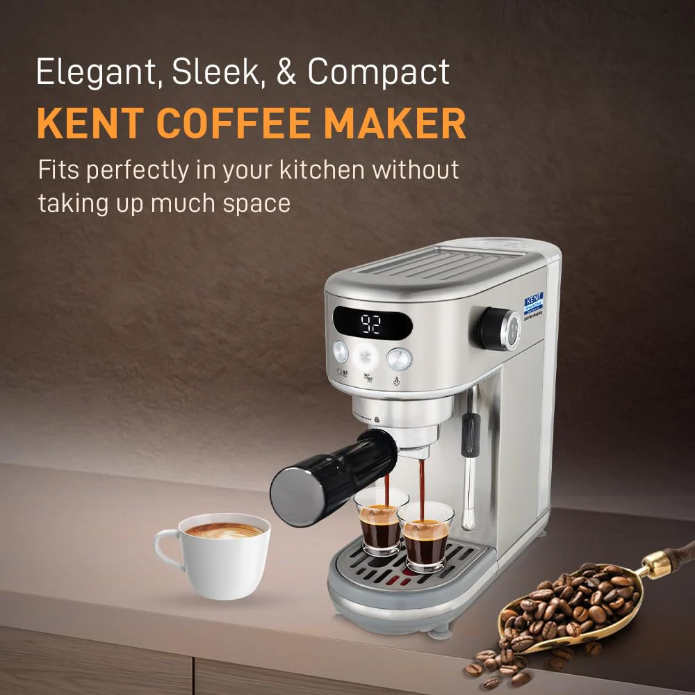 KENT Coffee Maker 1400 W | Makes Two Cups of Coffee at a Time | High Pressure 20 Bar Italian Pump for making Cappuccinos & Lattes | In-Built Steamer for Frothing | SS Body | Suitable for Ground Coffee - Image 4