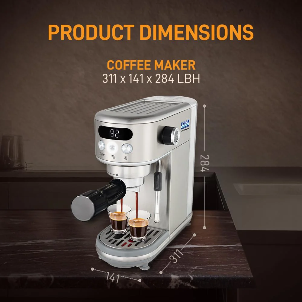 KENT Coffee Maker 1400 W | Makes Two Cups of Coffee at a Time | High Pressure 20 Bar Italian Pump for making Cappuccinos & Lattes | In-Built Steamer for Frothing | SS Body | Suitable for Ground Coffee - Image 6
