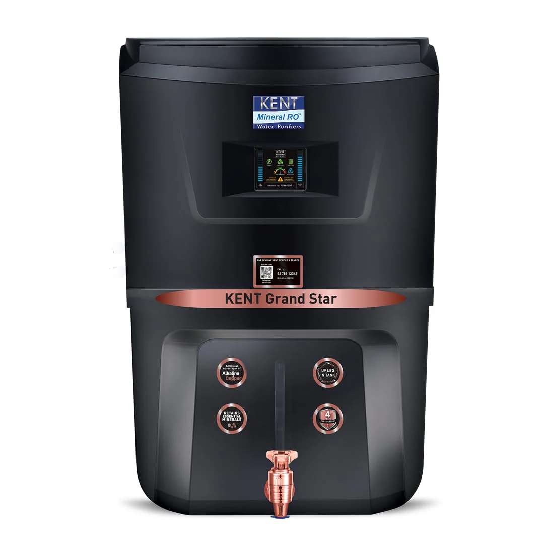 KENT Grand Star RO Water Purifier | RO+UV+UF+TDS Control+Alkaline+Copper+UV in Tank |.0001 Micron RO Membrane | Auto Flush Feature | 9L Tank | 20 LPH | Ideal For Borewell/Tanker/Municipal Water |Black