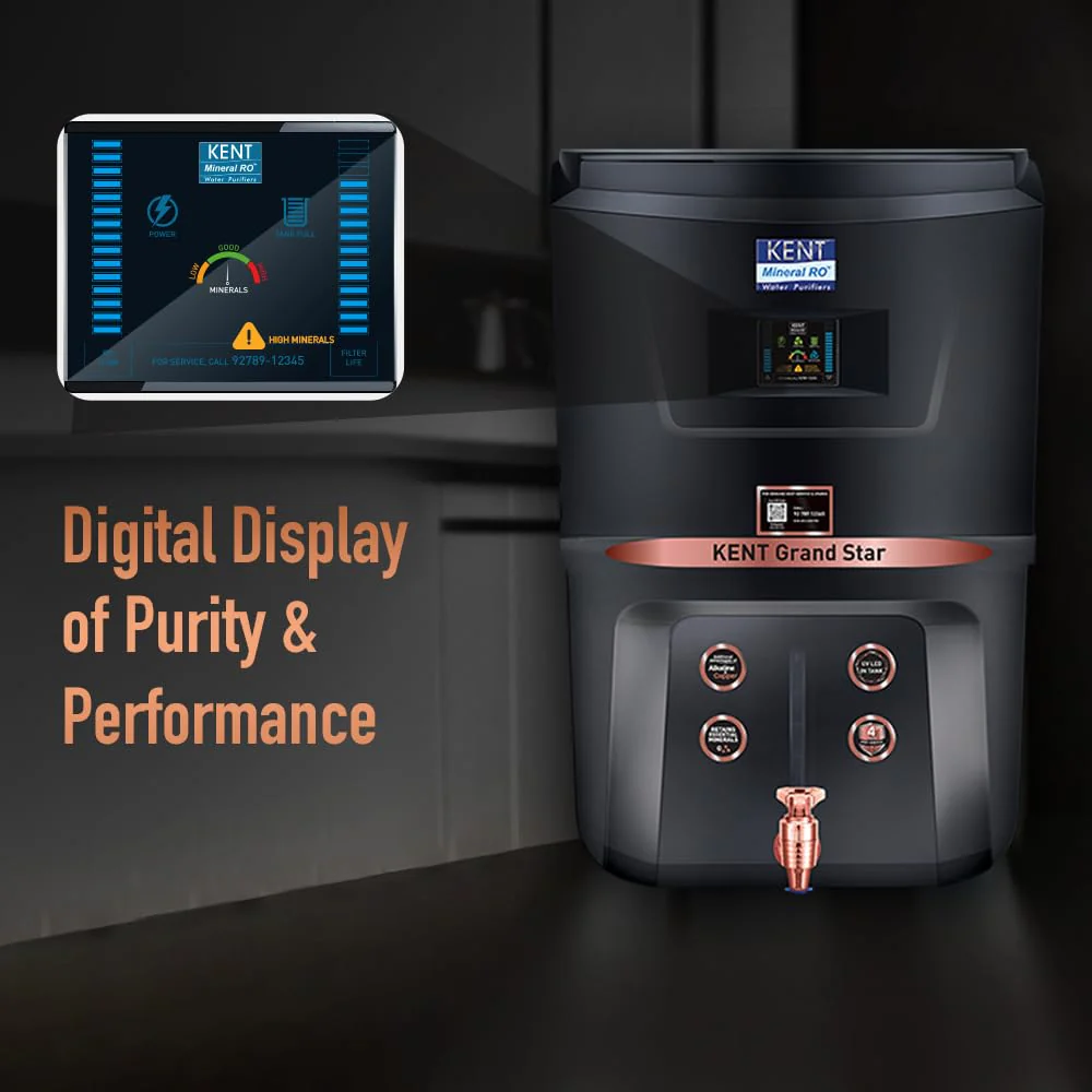 KENT Grand Star RO Water Purifier | RO+UV+UF+TDS Control+Alkaline+Copper+UV in Tank |.0001 Micron RO Membrane | Auto Flush Feature | 9L Tank | 20 LPH | Ideal For Borewell/Tanker/Municipal Water |Black - Image 3