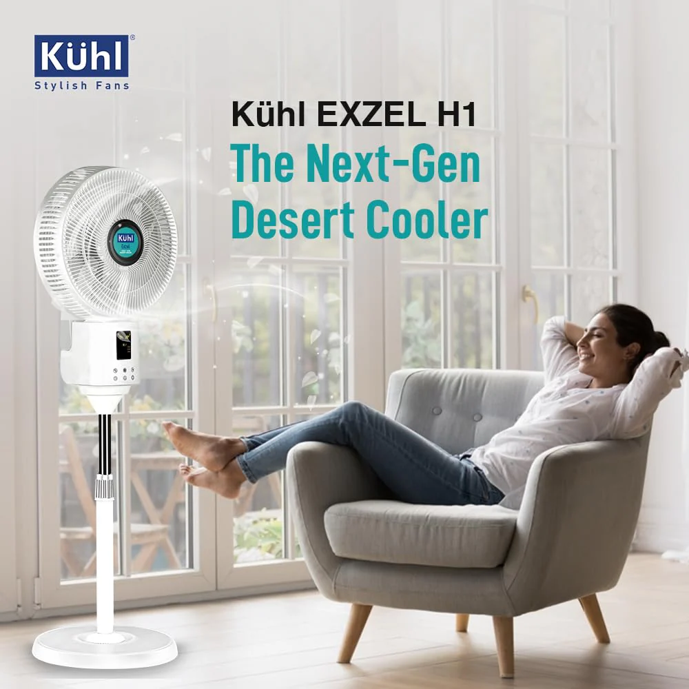 Kent KUHL Exzel H1 Next Gen Desert Cooler BLDC Pedestal with Mist &amp; Humidifier|8Blades |4Speed| Remote &amp; Touch Panel with Display| Height Adjustement| Low Noise|8 Hr Water Tank|400mm |Free installation - Image 2